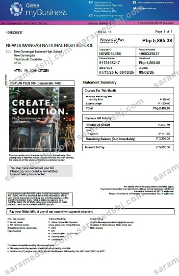Philippines Globe myBusiness utility bill template in Word and PDF formats